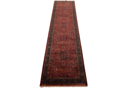 Fine Sarouk Runner 2'9'' x 9'9'' Pink Wool Traditional Hand-Knotted Oriental Rug