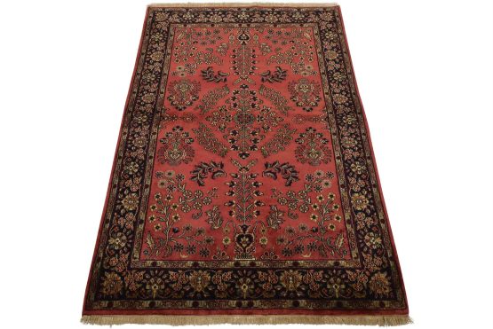 Fine Sarouk Rug 4'1'' x 6' Pink Wool Traditional Hand-Knotted Oriental Carpet