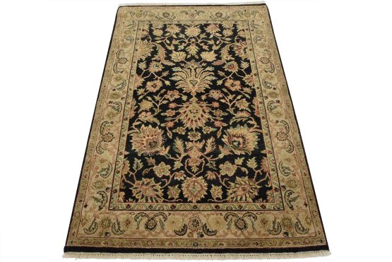 Agra Rug 4'2'' x 6'3'' Black Wool Traditional Hand-Knotted Oriental Carpet