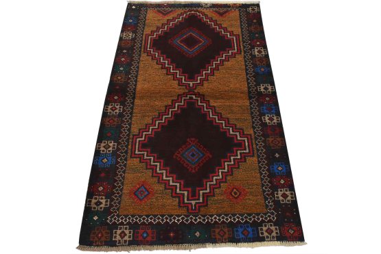 Baloch Rug 3'7'' x 6' Orange Wool Vintage Tribal Hand-Knotted Oriental Carpet