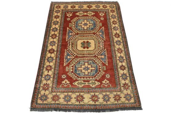 Kazak Rug 3'11'' x 5'6'' Red Wool Tribal Hand-Knotted Oriental Carpet