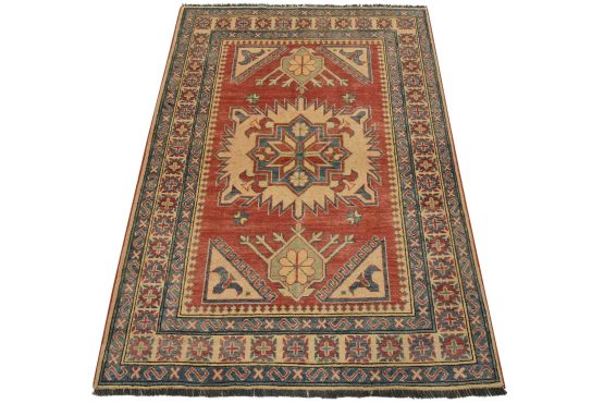 Kazak Rug 4' x 5'7'' Red Wool Tribal Hand-Knotted Oriental Carpet