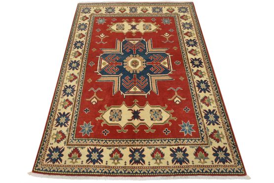 Kazak Rug 5'1'' x 6'9'' Red Wool Tribal Hand-Knotted Oriental Carpet