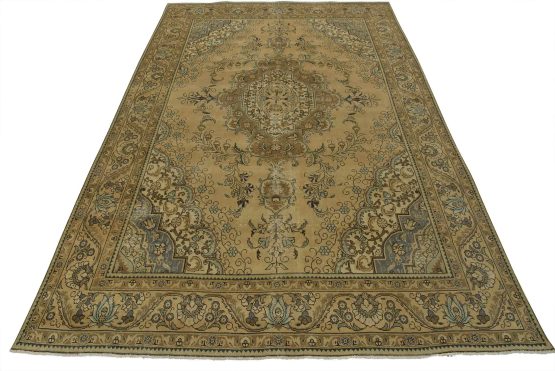 Tabriz Rug 9'8'' x 13'2'' Pink Wool Vintage Distressed Hand-Knotted Carpet