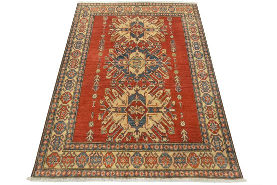 Kazak Rug 4'10'' x 6'5'' Red Wool Tribal Hand-Knotted Oriental Carpet