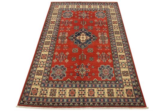 Kazak Rug 5'1'' x 7'2'' Red Wool Tribal Hand-Knotted Oriental Carpet