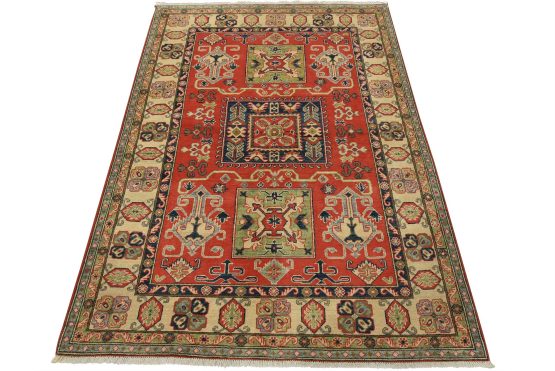 Kazak Rug 5'1'' x 6'9'' Red Wool Tribal Hand-Knotted Oriental Carpet