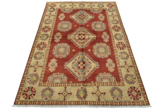 Kazak Rug 5'9'' x 7'7'' Red Wool Tribal Hand-Knotted Oriental Carpet