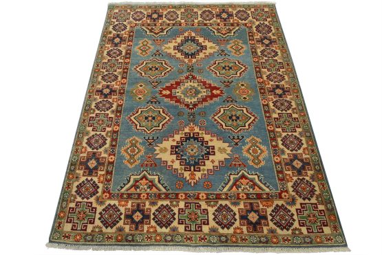 Kazak Rug 5' x 6'7'' Blue Wool Tribal Hand-Knotted Oriental Carpet