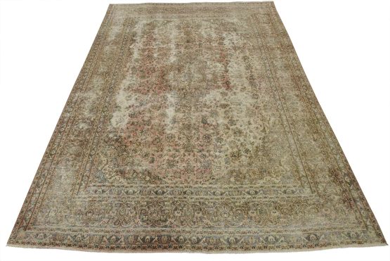 Kashan Rug 9'6'' x 12'2'' Pink Wool Vintage Distressed Hand-Knotted Carpet