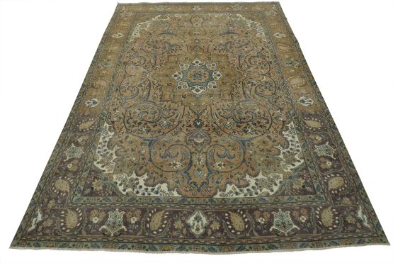 Tabriz Rug 9'2'' x 12'2'' Pink Wool Vintage Distressed Hand-Knotted Carpet