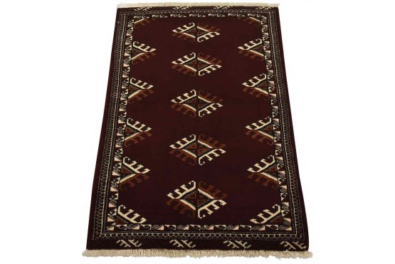 Turkmen Rug 2'10'' x 4'1'' Red Wool Vintage Tribal Hand-Knotted Oriental Carpet