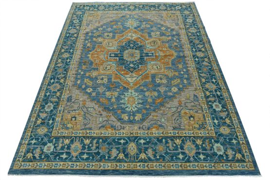 Heriz Rug 12'2'' x 15'3'' Blue Wool Tribal Hand-Knotted Oriental Carpet