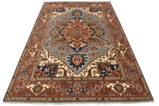 Heriz Rug 9'1'' x 12'2'' Blue Wool Tribal Hand-Knotted Oriental Carpet