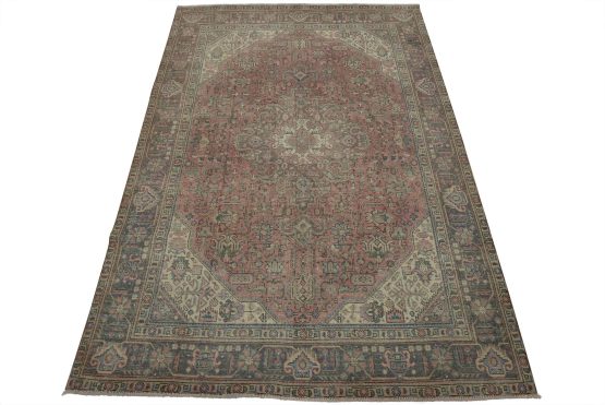 Tabriz Rug 6'4'' x 9' Pink Wool Vintage Distressed Hand-Knotted Oriental Carpet