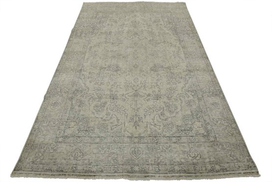 Tabriz Rug 6'6'' x 9'7'' Beige Vintage Distressed Wool Hand-Knotted Carpet