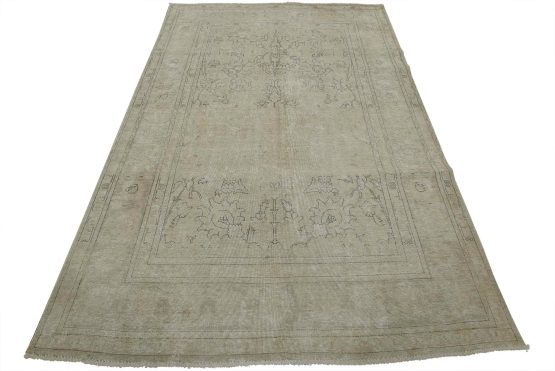 Tabriz Rug 6'5'' x 9'2'' Beige Vintage Distressed Wool Hand-Knotted Carpet