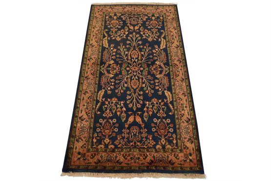 Fine Sarouk Rug 2'11'' x 5'3'' Blue Wool Traditional Hand-Knotted Carpet