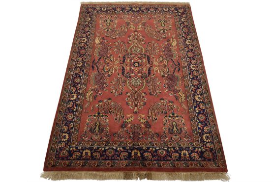 Fine Sarouk Rug 4'2'' x 6' Pink Wool Traditional Hand-Knotted Oriental Carpet