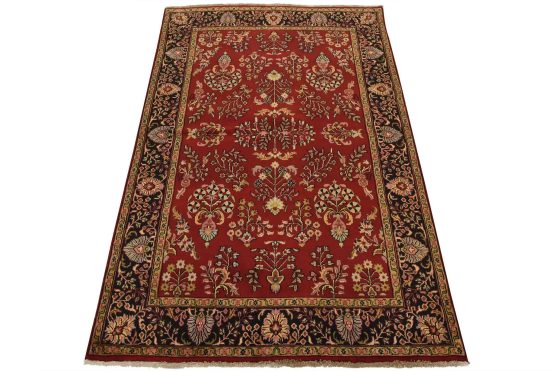 Fine Sarouk Rug 4' x 6'1'' Red Wool Traditional Hand-Knotted Oriental Carpet