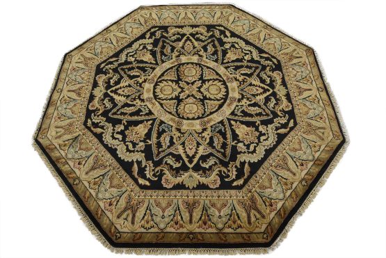 Agra Rug 6'1'' x 6'4'' Black Wool Traditional Hand-Knotted Oriental Carpet