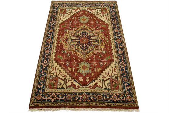 Heriz Rug 4' x 6' Red Wool Tribal Hand-Knotted Oriental Carpet