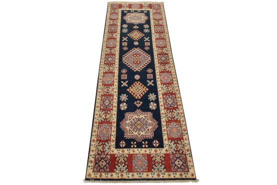 Kazak Runner 2'8'' x 7'9'' Blue Wool Tribal Hand-Knotted Oriental Rug