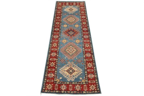Kazak Runner 2'8'' x 7'7'' Blue Wool Tribal Hand-Knotted Oriental Rug