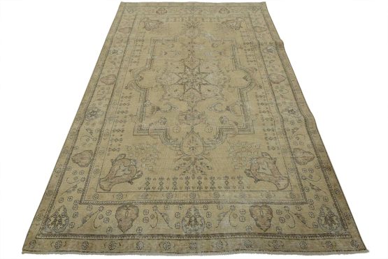 Tabriz Rug 6'5'' x 9'5'' Beige Vintage Distressed Wool Hand-Knotted Carpet