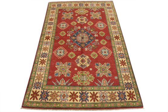 Kazak Rug 4'10'' x 7'2'' Red Wool Tribal Hand-Knotted Oriental Carpet
