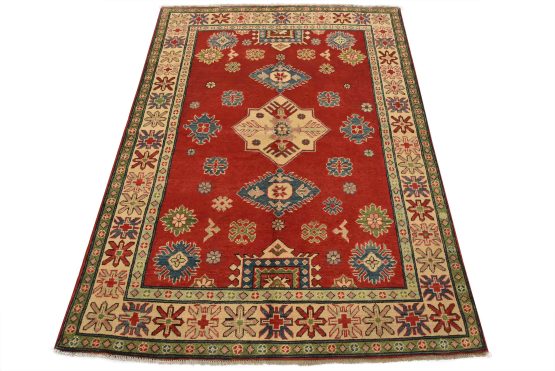 Kazak Rug 4'10'' x 6'7'' Red Wool Tribal Hand-Knotted Oriental Carpet
