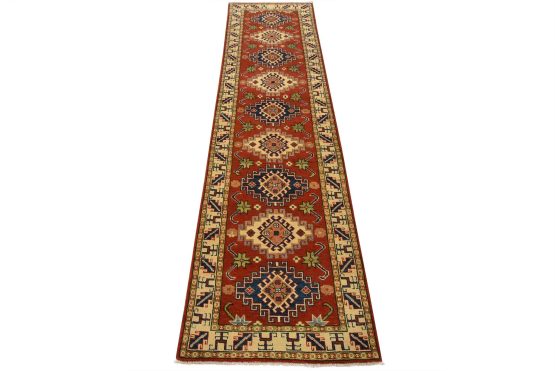 Kazak Runner 2'7'' x 9'9'' Red Wool Tribal Hand-Knotted Oriental Rug
