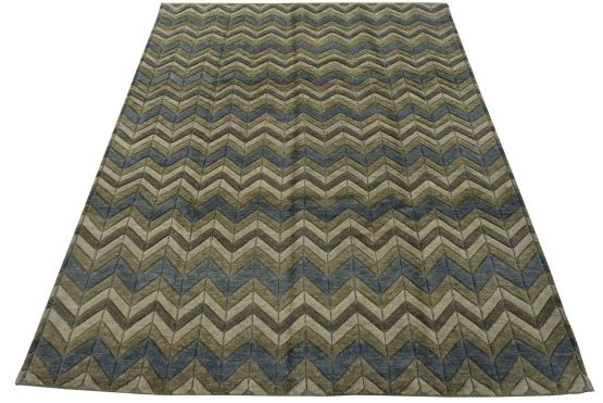 Chevron Rug 8'4'' x 10'1'' Gray Blue Wool Contemporary Hand-Knotted Carpet