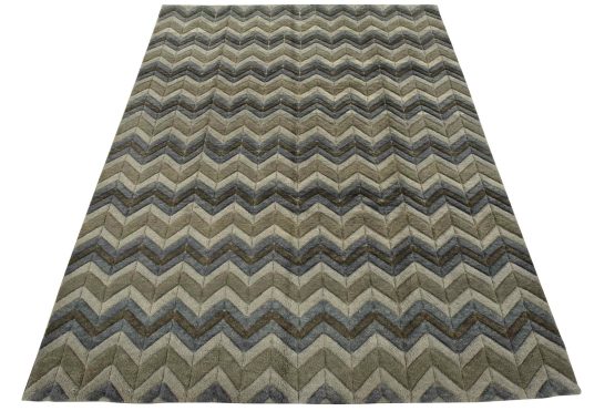 Chevron Rug 8' x 10'3'' Gray Blue Wool Contemporary Hand-Knotted Carpet