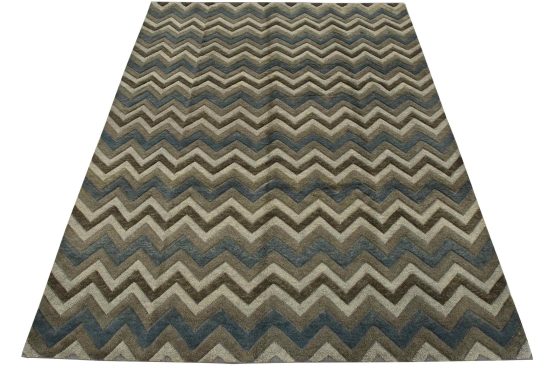 Chevron Rug 8'3'' x 10'1'' Gray Blue Wool Contemporary Hand-Knotted Carpet
