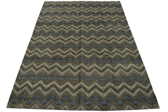 Chevron Rug 8' x 10'2'' Gray Blue Wool Contemporary Hand-Knotted Carpet
