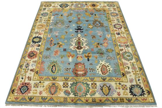 Oushak Rug 8'1'' x 9'9'' Blue Wool Traditional Hand-Knotted Oriental Carpet