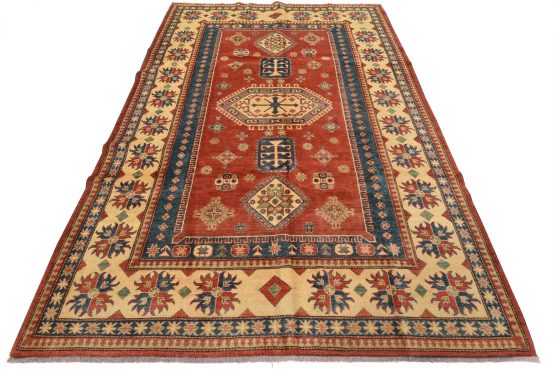 Kazak Rug 7'5'' x 10'7'' Red Wool Tribal Hand-Knotted Oriental Carpet