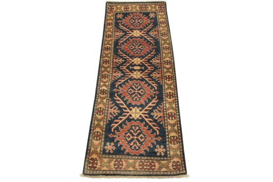 Kazak Runner 2'4'' x 5'10'' Blue Wool Tribal Hand-Knotted Oriental Rug
