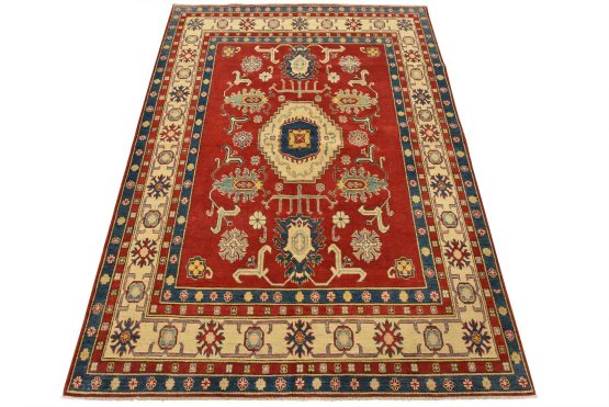 Kazak Rug 6'6'' x 8'9'' Red Wool Tribal Hand-Knotted Oriental Carpet