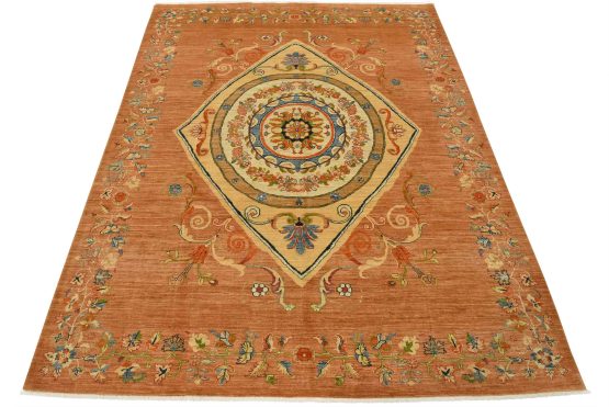 Aubusson Rug 8' x 10' Orange Wool Traditional Hand-Knotted Oriental Carpet