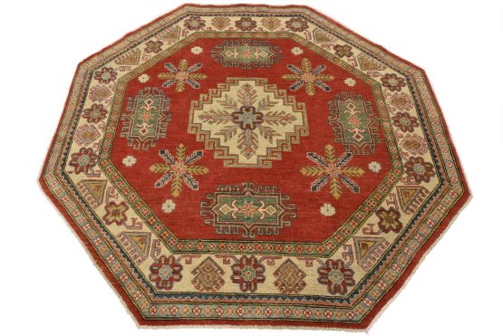 Kazak Rug 6'9'' x 6'5'' Red Wool Tribal Hand-Knotted Oriental Carpet