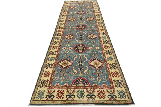 Kazak Runner 5'6'' x 14'8'' Blue Wool Traditional Hand-Knotted Oriental Rug
