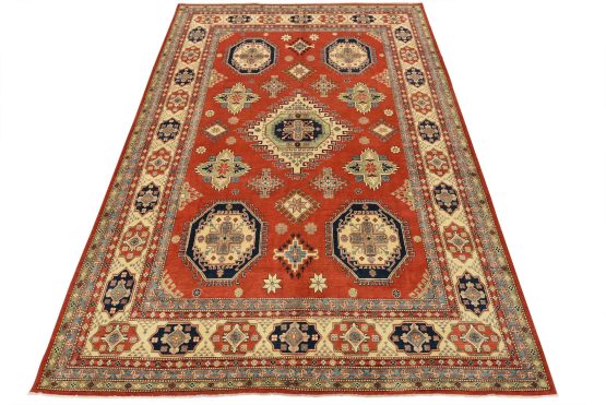Kazak Rug 9'10'' x 13'7'' Red Wool Tribal Hand-Knotted Oriental Carpet