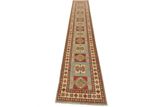 Kazak Runner 2'7'' x 14'8'' Blue Wool Tribal Hand-Knotted Oriental Rug