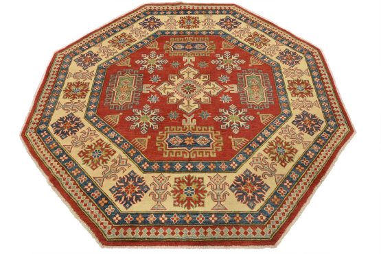 Kazak Rug 7'7'' x 7'2'' Red Wool Tribal Hand-Knotted Oriental Carpet