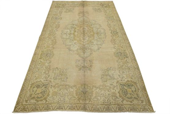 Tabriz Rug 6'2'' x 9'7'' Beige Wool Vintage Distressed Hand-Knotted Carpet