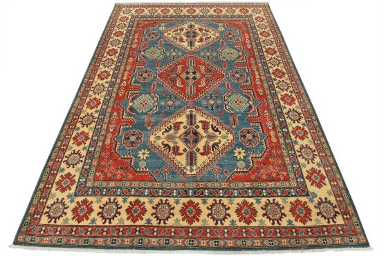 Kazak Rug 8'10'' x 12'1'' Blue Wool Tribal Hand-Knotted Oriental Carpet