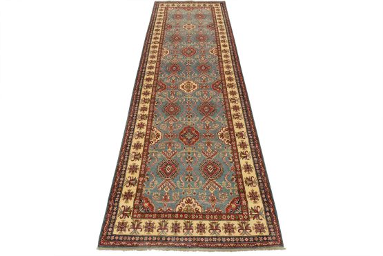 Kazak Runner 4'11'' x 14'6'' Blue Wool Tribal Hand-Knotted Oriental Rug