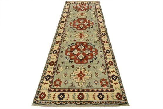 Kazak Runner 4'11'' x 12'6'' Blue Wool Tribal Hand-Knotted Oriental Rug